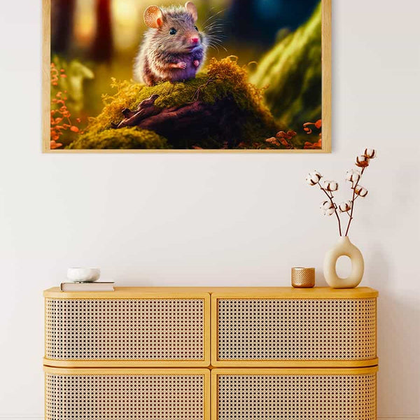 Framed painting of a forest mouse on a wall above a wicker cabinet with decorative items.