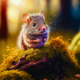 Waldmaus auf Mooshügel im Wald, Malen nach Zahlen Vorlage mit entspannender Wirkung, perfekt für naturverliebte Bastler.