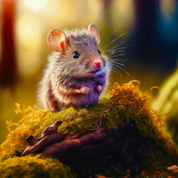 Waldmaus auf Mooshügel im Wald, Malen nach Zahlen Vorlage mit entspannender Wirkung, perfekt für naturverliebte Bastler.