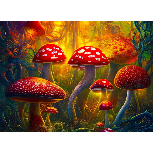 Diamond painting of a vivid red mushroom family in a mystical forest setting