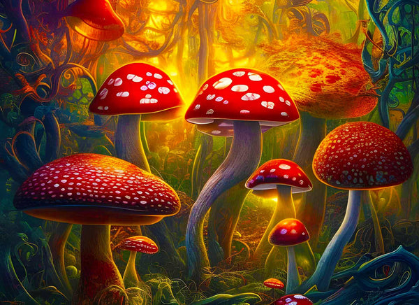 Colorful painting of a family of red fly agaric mushrooms with white spots in a vibrant, mystical forest setting.