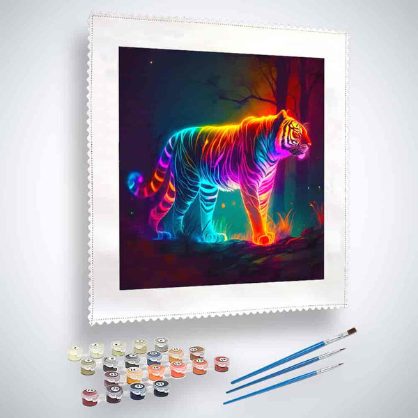 Malen nach Zahlen Set - Leuchtend bunter Tiger, inklusive Malwerkzeuge und Farben vor einer Leinwand, entspannende künstlerische Aktivität