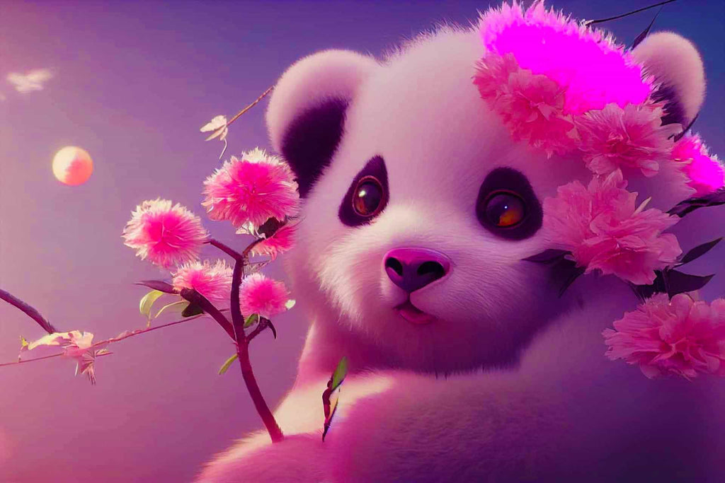 Malen nach Zahlen - Pandabär mit Pinken Blumen - hochwertige Leinwand - Blumen, Horizontal, Panda, Tiere