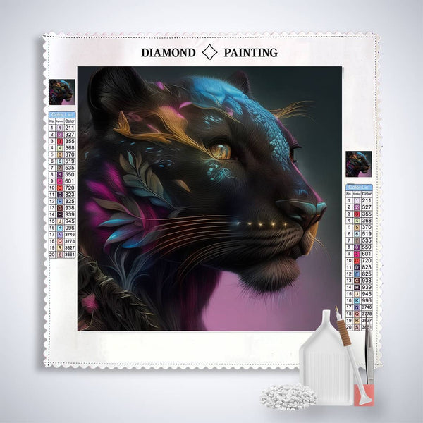 Diamond Painting Kit - Panther Portrait with colorful details on professional canvas, includes acrylic diamonds, tweezers, and setting tools.