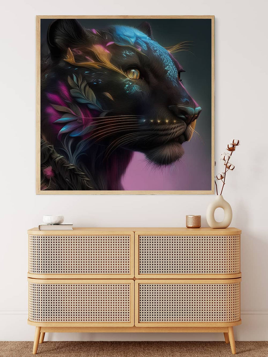 Diamond Painting Kit - Panther Portrait hanging on the wall above a modern rattan dresser with minimalist decor.