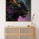Diamond Painting Kit - Panther Portrait hanging on the wall above a modern rattan dresser with minimalist decor.