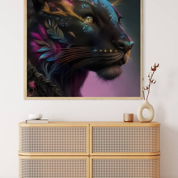Diamond Painting Kit - Panther Portrait hanging on the wall above a modern rattan dresser with minimalist decor.