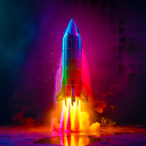 "Colorful rocket launch artwork for Diamond Painting kit featuring vibrant flames and sparkles"