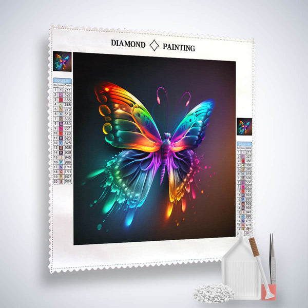 Diamond Painting Kit - Regenbogenschmetterling butterfly on canvas with tools and acrylic diamonds