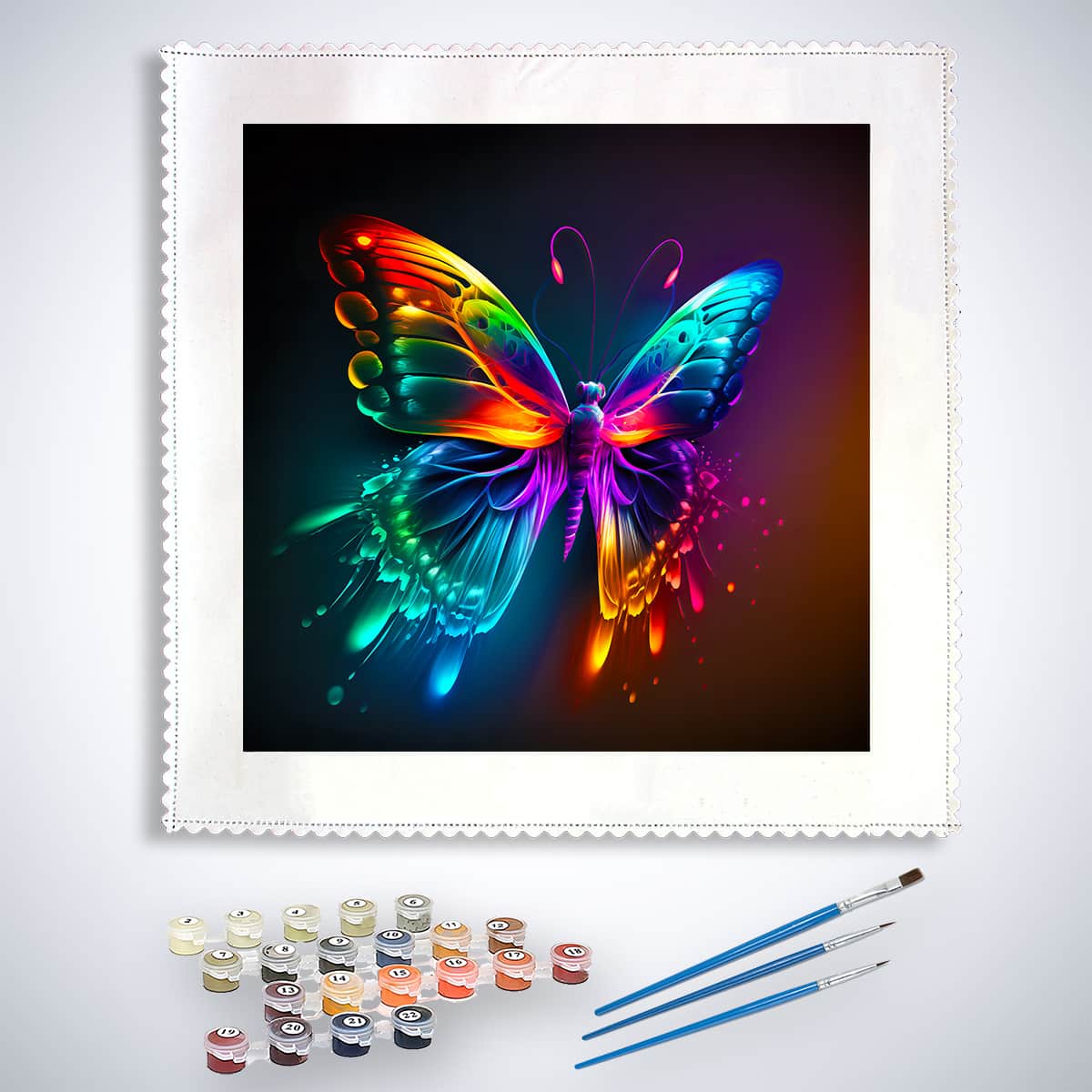 Malen nach Zahlen Kit featuring a vibrant rainbow butterfly on a dark background with paint pots and brushes included.