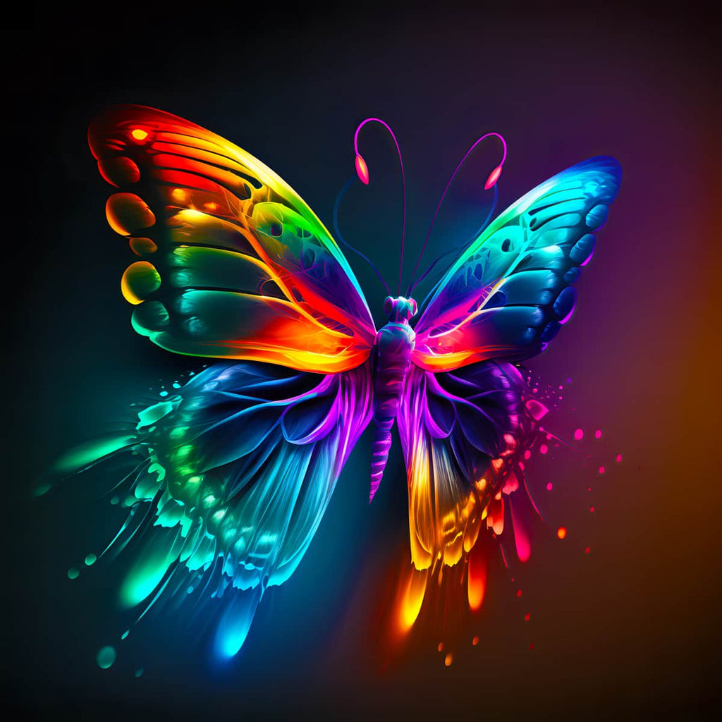 Colorful rainbow butterfly painting with vibrant wings and abstract splashes. Stunning artwork for creative relaxation and stress relief.