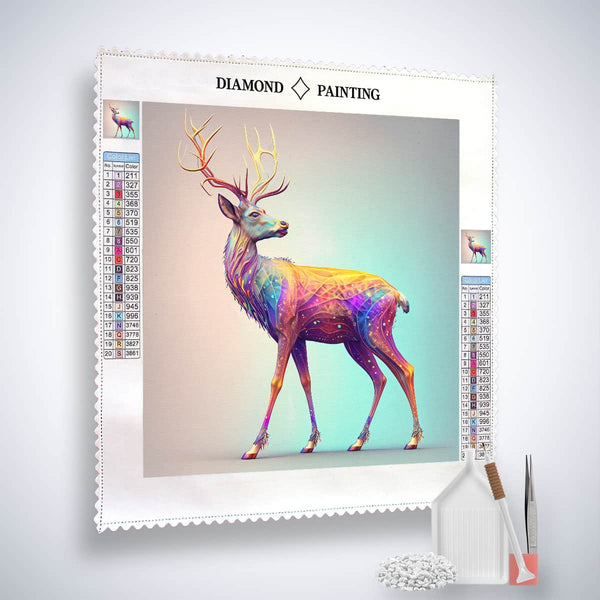 Diamond Painting Kit - Neonhirsch motif with all-included tools like acrylic diamonds, artist tweezers, professional stylus, and area applicator