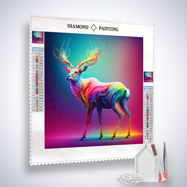 Diamond Painting Kit - Regenbogenhirsch mit Profi-Leinwand, Acryl Diamonds, Künstler-Pinzette und Profi Setzstift