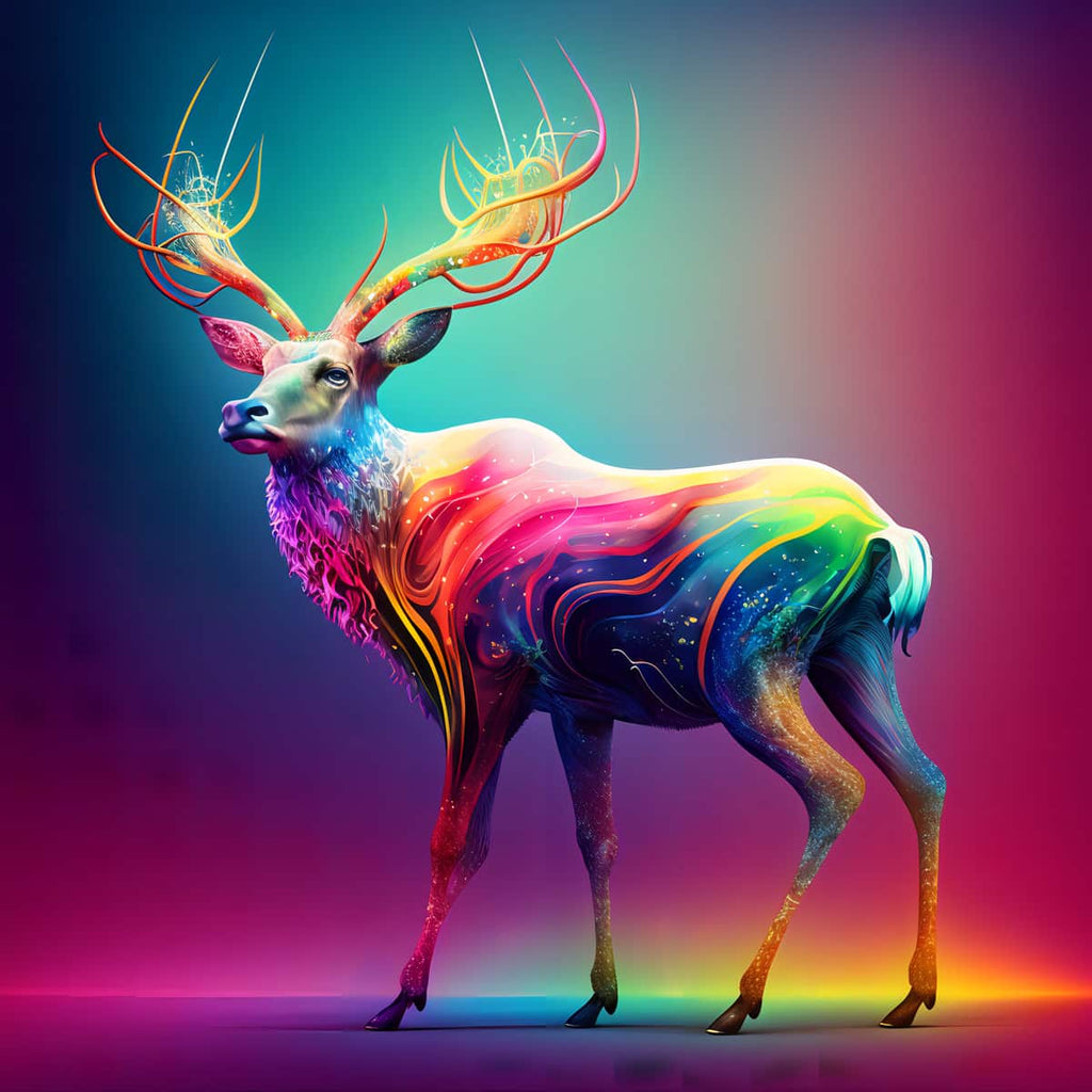 A colorful rainbow deer with ornate antlers, showcased as a painting-by-numbers artwork. Perfect for relaxing, creative activities.