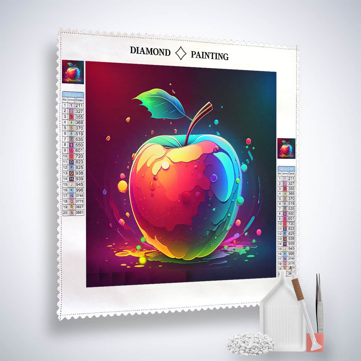 Diamond Painting Kit - Apfel Splash Motiv mit Profi-Leinwand, farbenfrohen Acryl Diamonds, Pinzette und Setzstift. Perfekte Kunst zum Funkeln!