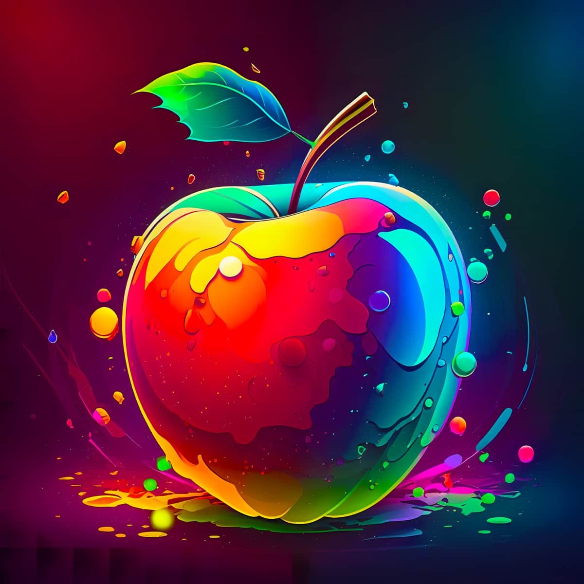 Vibrant diamond painting of an apple with colorful splashes, included in Apfel, Splash kit featuring acrylic diamonds and artist tools.