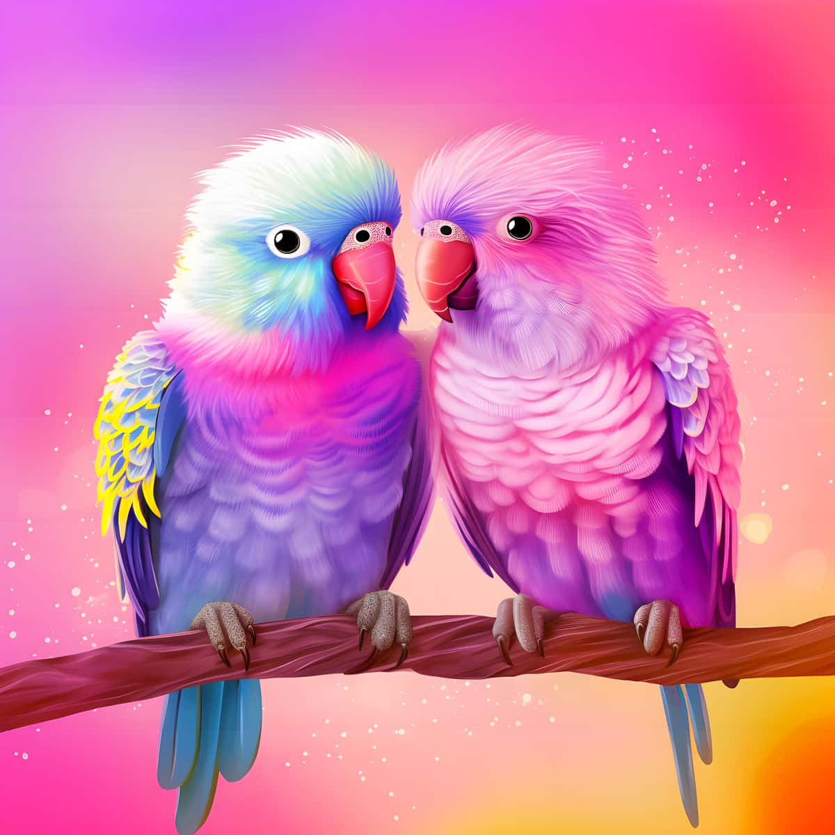 AB Diamond Painting - Brightly colored lovebirds on a branch, showcasing vibrant hues and sparkling diamond mosaic art.