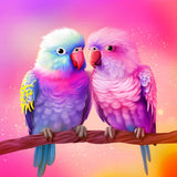 AB Diamond Painting - Brightly colored lovebirds on a branch, showcasing vibrant hues and sparkling diamond mosaic art.