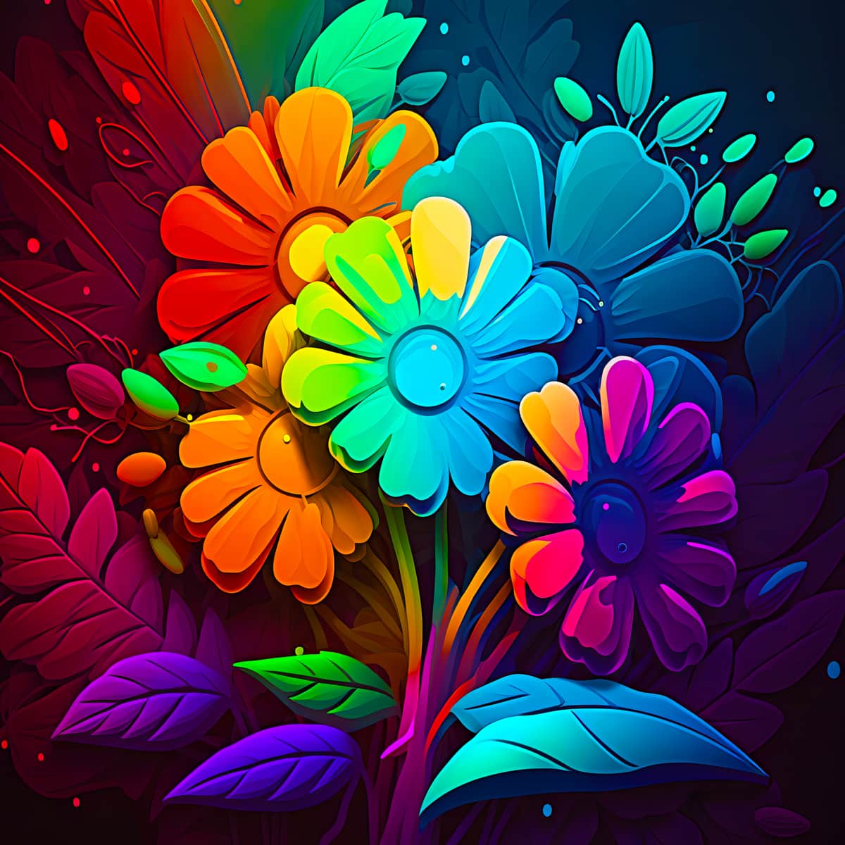 Vibrant flower bouquet created with diamond painting technique, showcasing a colorful explosion of bright, beautifully detailed blossoms.