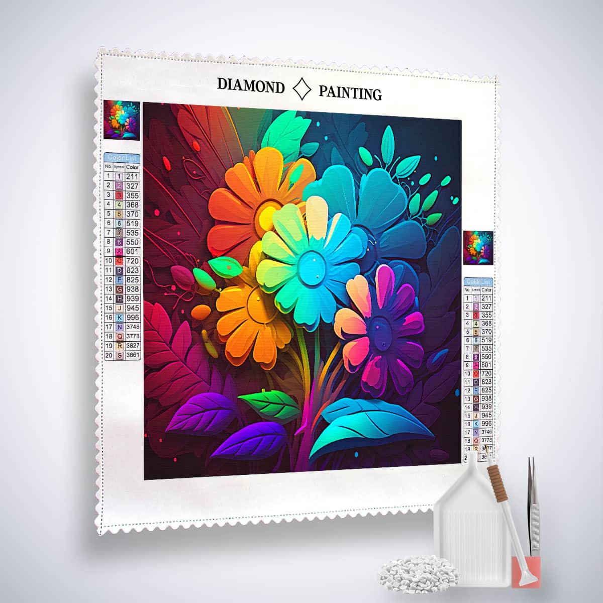 Diamond Painting Kit Blumen Farbexplosion mit bunten Blumenmotiv, Acryl Diamonds, Pinzette und Setzstift