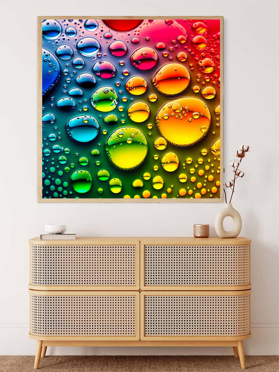 "Malen nach Zahlen - Bunter Regen Kunstwerk zeigt bunte Wassertropfen, aufgehängt über einem modernen Holzmöbelstück"