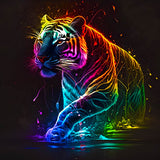 Diamond Painting - Neon Tiger vibrant colors and intricate details on canvas with acrylic diamonds.