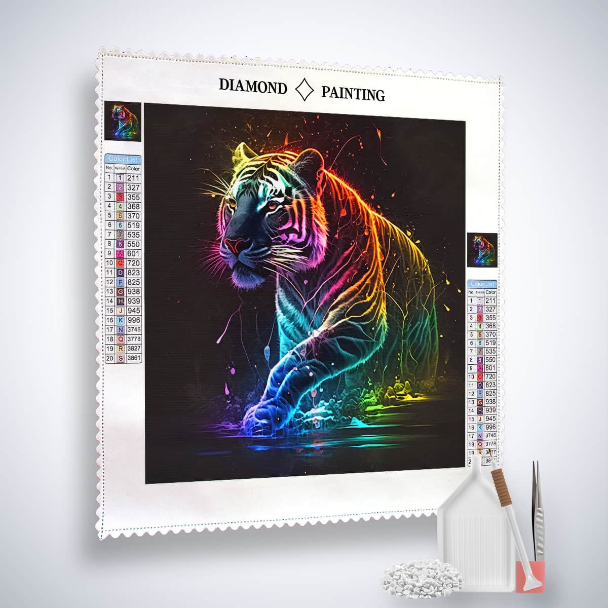 Diamond Painting Kit with vibrant neon tiger design including canvas, acrylic diamonds, setzstift, pinzette, and flächensetzer.