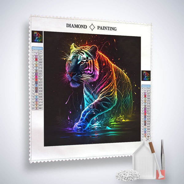 Diamond Painting Kit with vibrant neon tiger design including canvas, acrylic diamonds, setzstift, pinzette, and flächensetzer.
