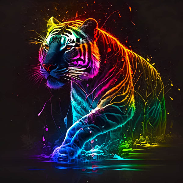 Vibrant neon-colored tiger artwork for paint-by-numbers kit, showcasing a majestic tiger in bright, glowing colors against a dark background.