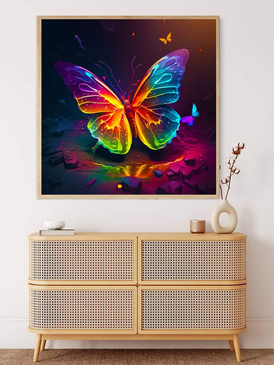 Malen nach Zahlen Neon Schmetterling Gemälde über einer Kommode in modernem Raum