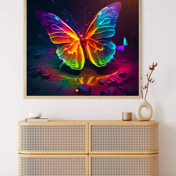 Malen nach Zahlen Neon Schmetterling Gemälde über einer Kommode in modernem Raum