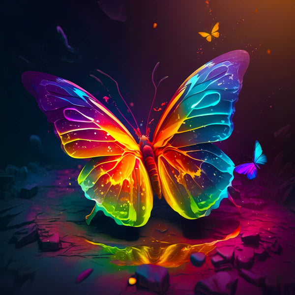 Glowing neon butterfly showcasing vibrant colors in the Malen nach Zahlen painting kit for relaxation and creative expression.
