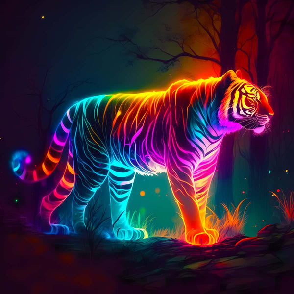 AB-Diamantmalerei leuchtend bunter Tiger in leuchtenden Regenbogenfarben, Kunst kombiniert Malerei und Mosaiktechniken, funkelndes Kunstwerk