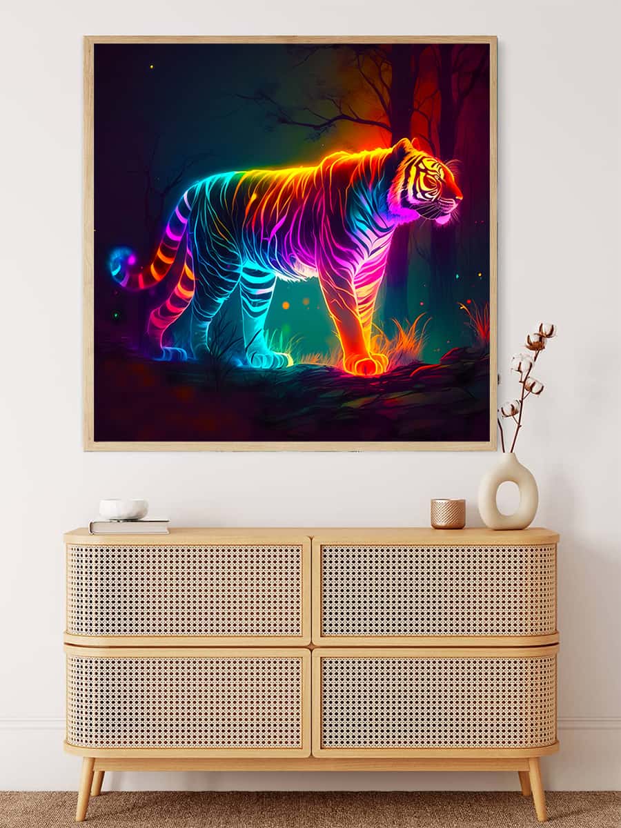 "Malen nach Zahlen - Leuchtend bunter Tiger Wandbild im Wohnzimmer"