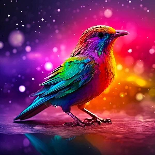 Bunter, leuchtender Vogel auf funkelndem Hintergrund, dargestellt in AB-Diamantmalerei Kunstform.