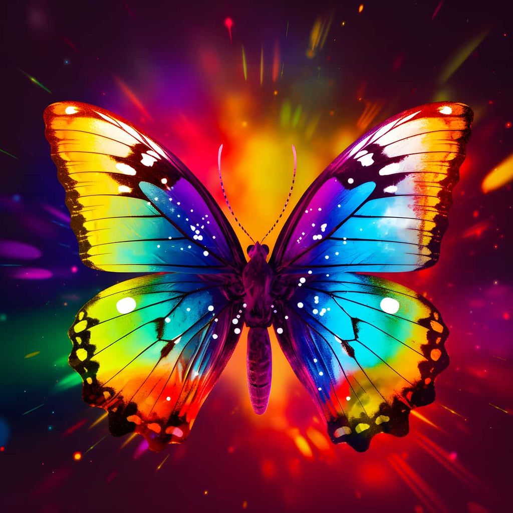 AB Diamond Painting Regenbogen Schmetterling - Leuchtender Schmetterling in lebendigem Regenbogenfarbe auf dunklem Hintergrund