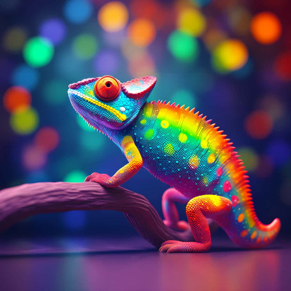 Regenbogen Chamäleon auf Ast vor buntem Hintergrund - AB-Diamantmalerei Kunstwerk