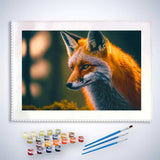 Malen nach Zahlen Fuchsporträt-Set mit Farbpalette und Pinseln vor einem detaillierten Fuchsbild