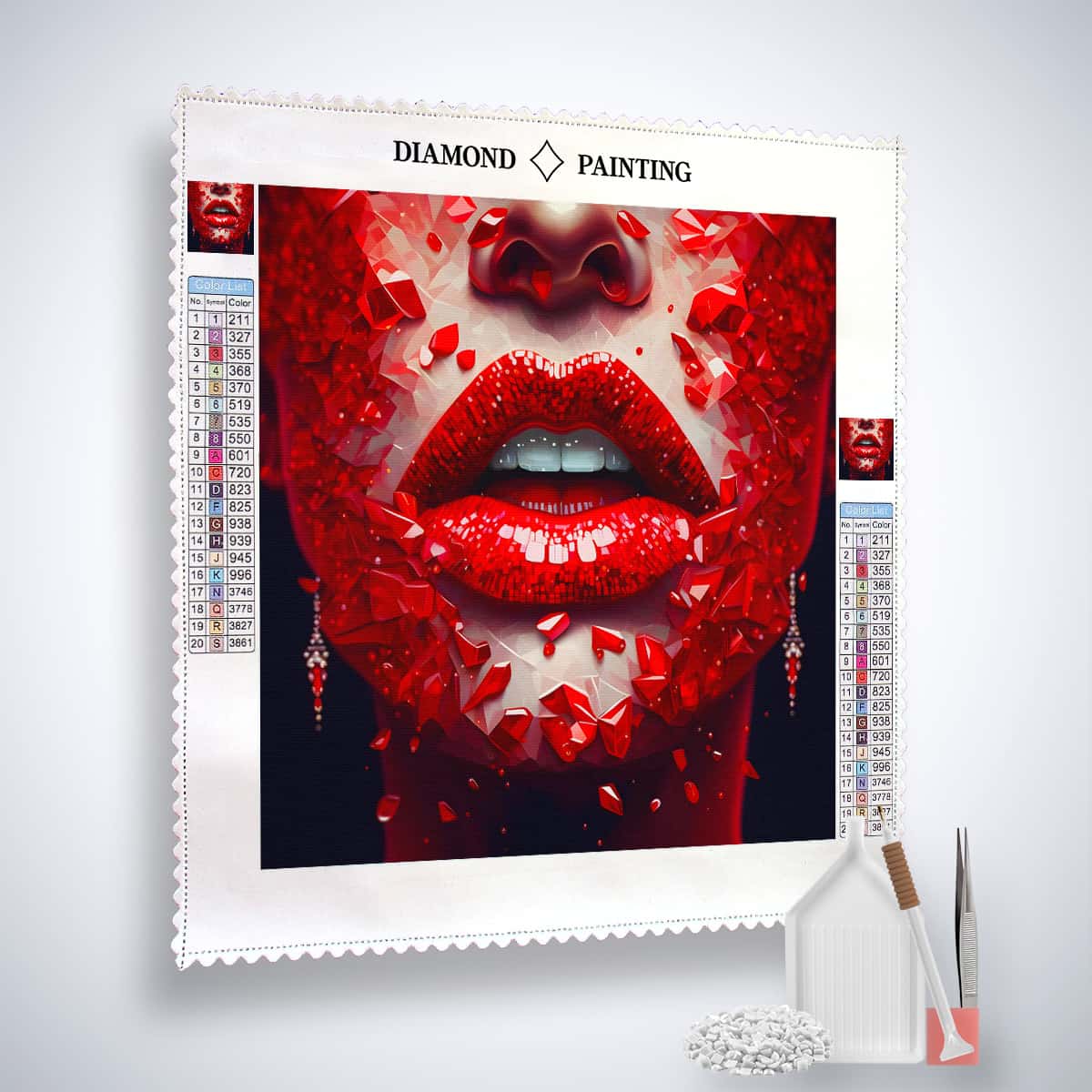 AB Diamond Painting - Red Lips artwork with tools, showcasing sparkling mosaic of red crystals creating lip design.