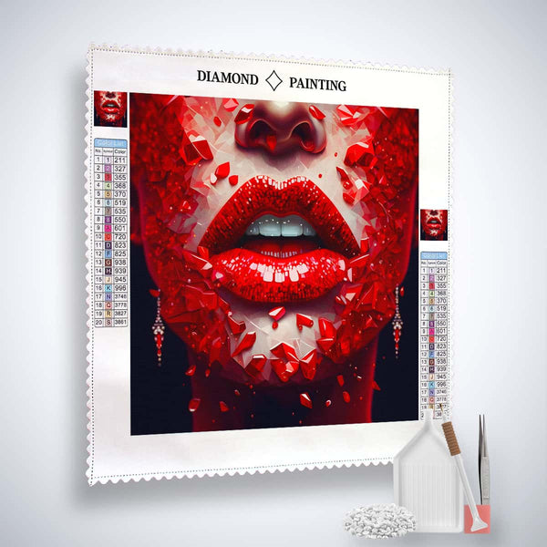 AB Diamond Painting - Red Lips artwork with tools, showcasing sparkling mosaic of red crystals creating lip design.
