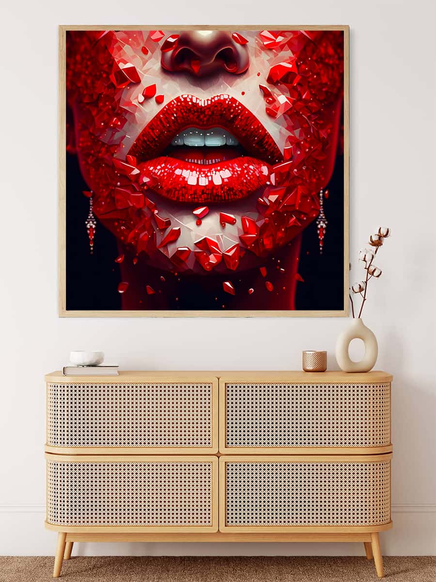 AB Diamond Painting featuring red lips with sparkling diamond effect displayed above a modern sideboard.