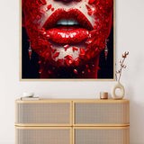 AB Diamond Painting featuring red lips with sparkling diamond effect displayed above a modern sideboard.