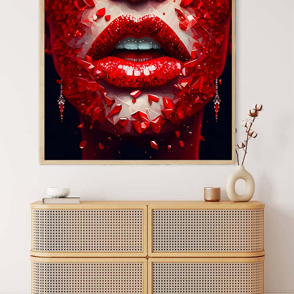 AB Diamond Painting featuring red lips with sparkling diamond effect displayed above a modern sideboard.