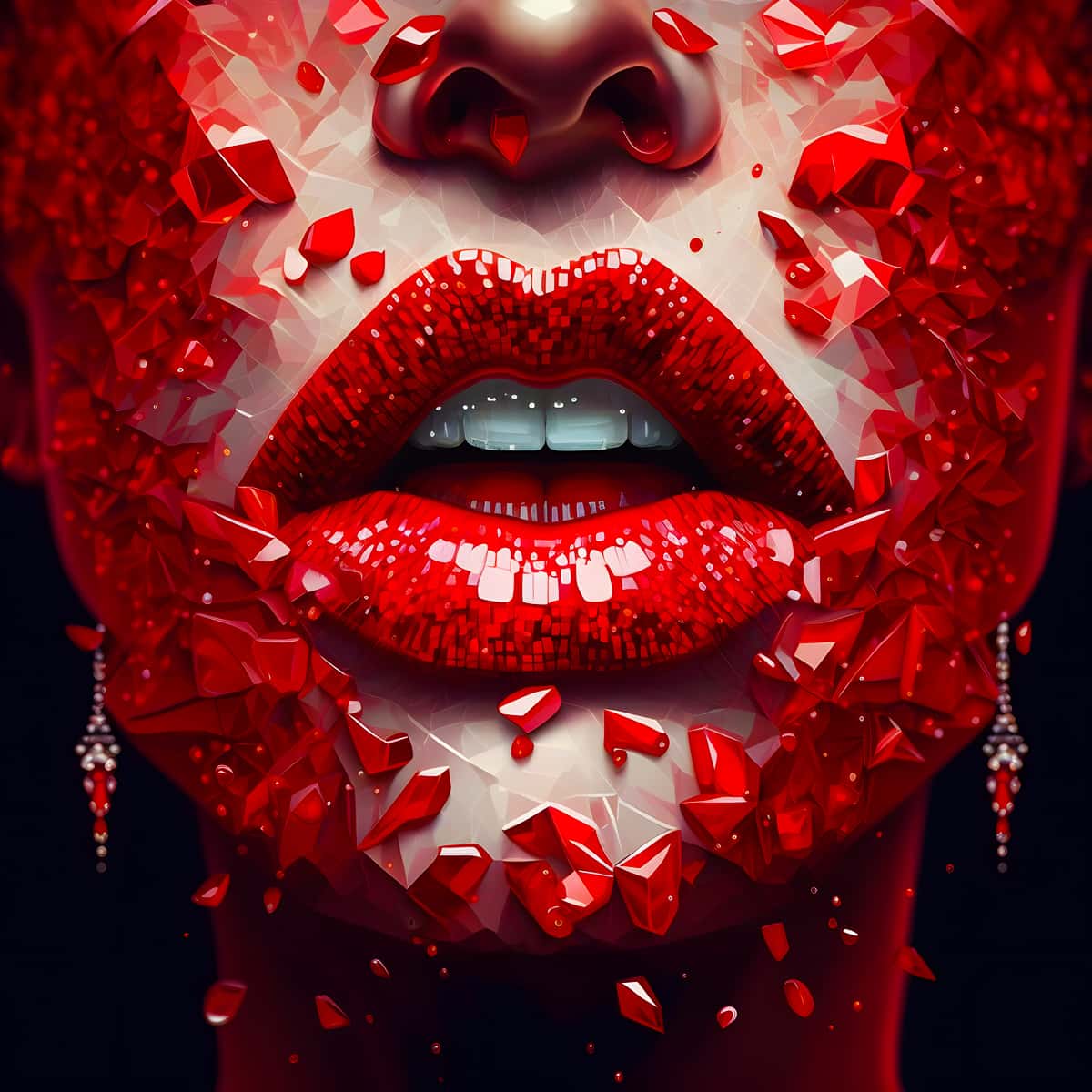 AB Diamond Painting of red lips with sparkling crystals, showcasing a unique blend of painting and mosaic techniques.