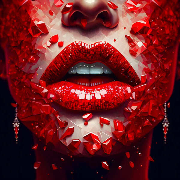AB Diamond Painting of red lips with sparkling crystals, showcasing a unique blend of painting and mosaic techniques.