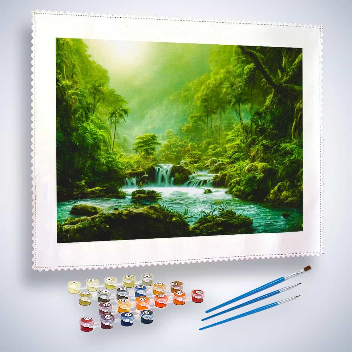 Malen nach Zahlen Kit mit Dschungelwasserfall-Motiv, inklusive Farben und Pinseln, entspannendes Kunstwerk für Erwachsene
