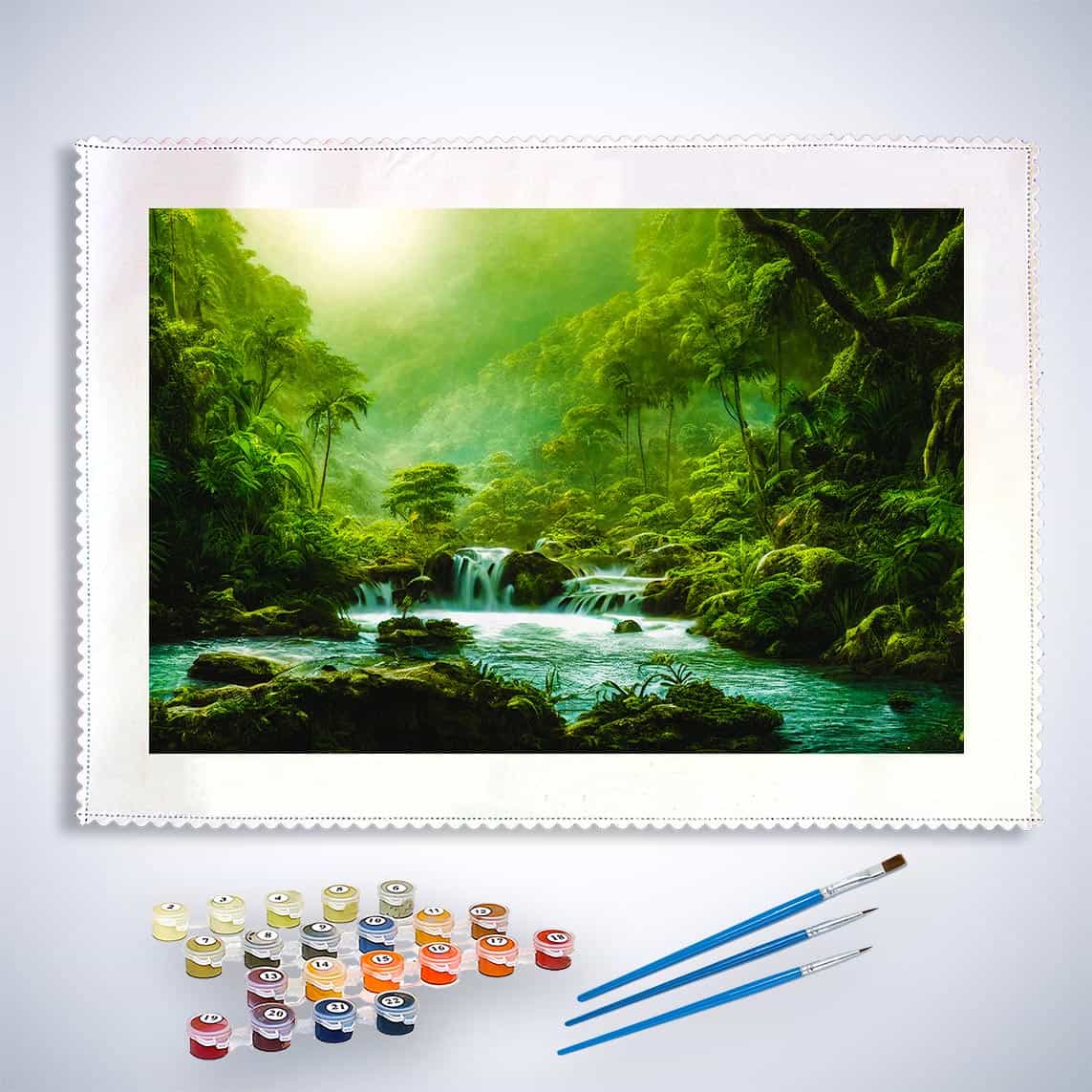 Malen nach Zahlen Dschungelwasserfall Set mit Farben und Pinseln vor tropischem Wasserfall Bild