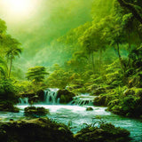 Painting by numbers jungle waterfall scene with lush greenery and vibrant blue water.