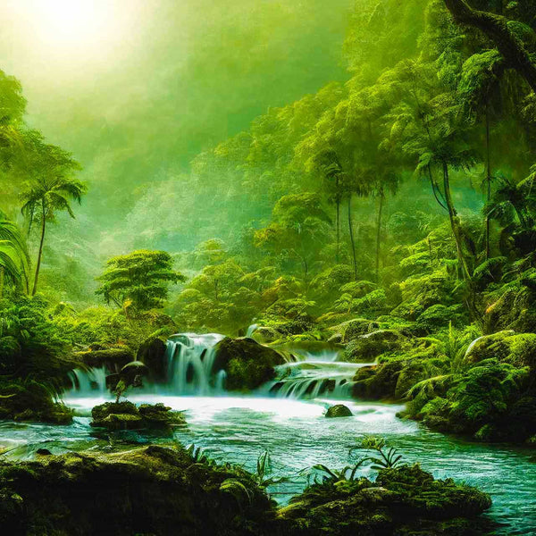 Painting by numbers jungle waterfall scene with lush greenery and vibrant blue water.