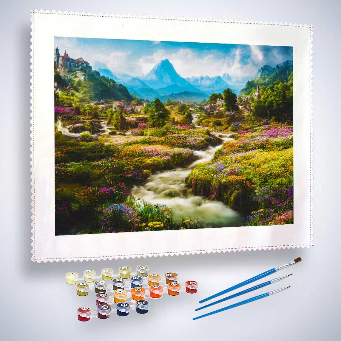 Malen nach Zahlen - Blumige Dörfer Painting Kit with Brushes and Paints Displayed